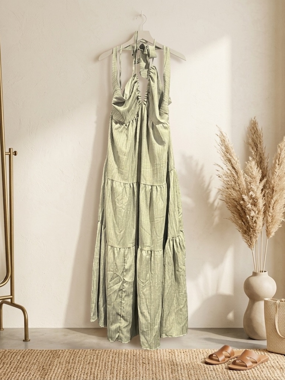 Lightweight Halter Tiered Maxi Dress in Sage Green